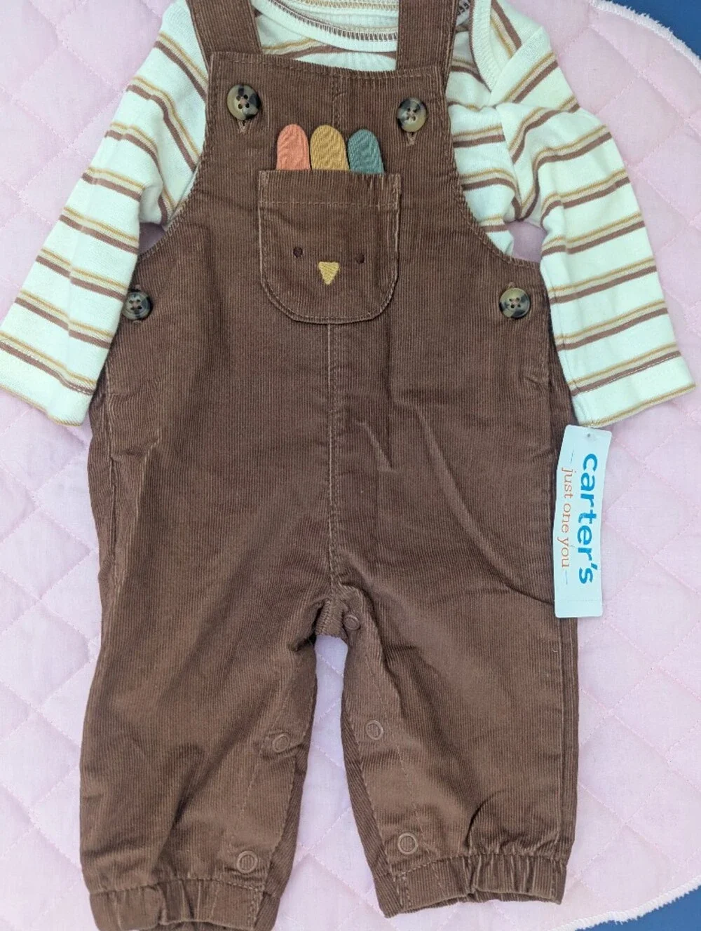 Carter's Brown Corduroy Overalls with Striped Cream Shirt